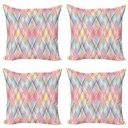 Geometric Throw Pillow Cushion Case Pack of 4, Boho Style Folk Funky Motif with Little Squares Colorful Print, Modern Accent Double-Sided Print, 4 Sizes, Multicolor, by Ambesonne