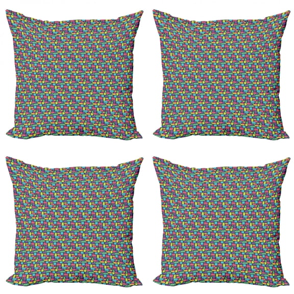 Geometric Throw Pillow Cushion Case Pack of 4, Cobblestone Inspired 1980 Style Funky Crooked Rectangular Shapes and Block, Modern Accent Double-Sided Print, 4 Sizes, Multicolor, by Ambesonne