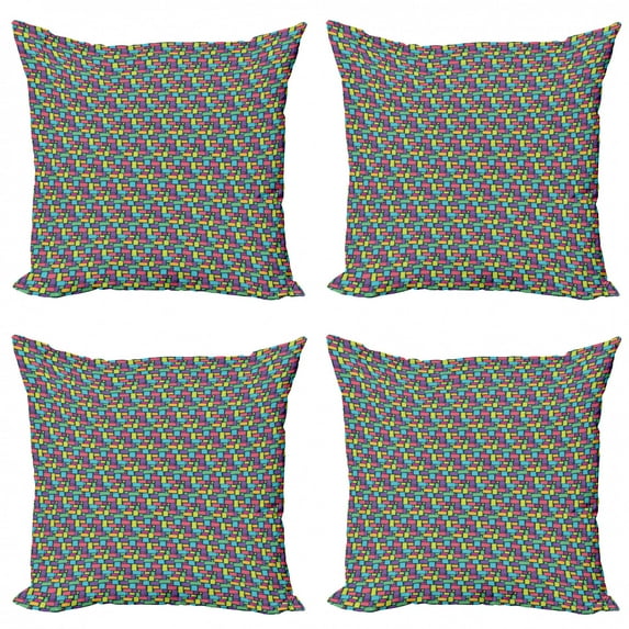 Geometric Throw Pillow Cushion Case Pack of 4, Cobblestone Inspired 1980 Style Funky Crooked Rectangular Shapes and Block, Modern Accent Double-Sided Print, 4 Sizes, Multicolor, by Ambesonne