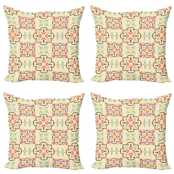 Geometric Throw Pillow Cushion Case Pack of 4, Colorful Floral Themed Ornamental Abstract Design in Vintage Style, Modern Accent Double-Sided Print, 4 Sizes, Cream and Multicolor, by Ambesonne
