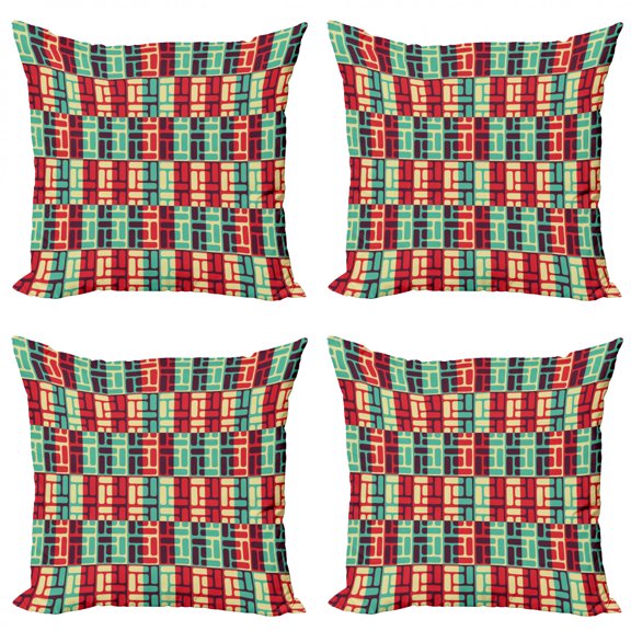 Geometric Throw Pillow Cushion Case Pack of 4, Colorful Illustration with Stripes and Squares Grid Style Composition of Shapes, Modern Accent Double-Sided Print, 4 Sizes, Multicolor, by Ambesonne