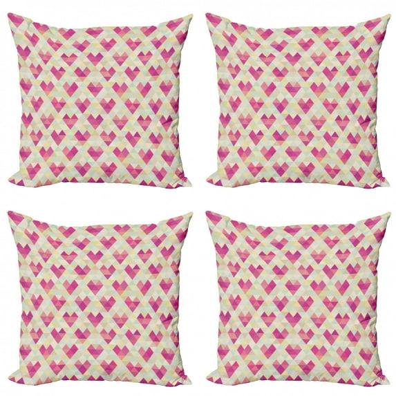 Geometric Throw Pillow Cushion Case Pack of 4, Colorful Modernistic Mosaic Design with Tiny Triangles Pattern, Modern Accent Double-Sided Print, 4 Sizes, Pink and Multicolor, by Ambesonne