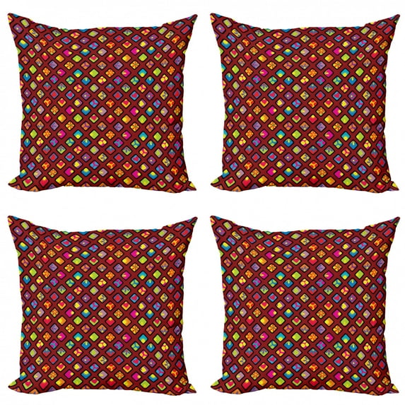 Geometric Throw Pillow Cushion Case Pack of 4, Colorful Rhombuses with Heart Flower and Polka Dots Pattern Abstract Illustration, Modern Accent Double-Sided Print, 4 Sizes, Multicolor, by Ambesonne