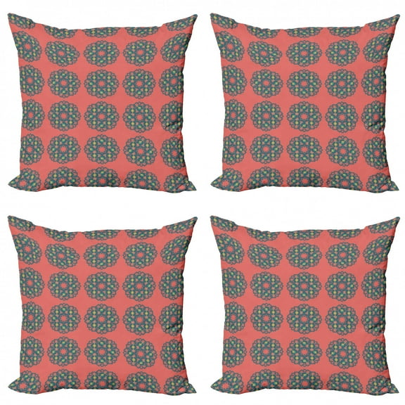 Ambesonne Geometric Throw Pillow Cover 4 Pack, Floral Retro Composition, 20", Salmon Dark Teal