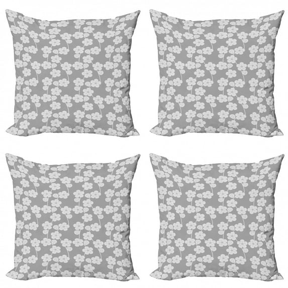 Geometric Throw Pillow Cushion Case Pack of 4, Flower Patterned Monochrome Image Petals Bud and Stalks Vintage Foliage Design, Modern Accent Double-Sided Print, 4 Sizes, Grey Beige, by Ambesonne