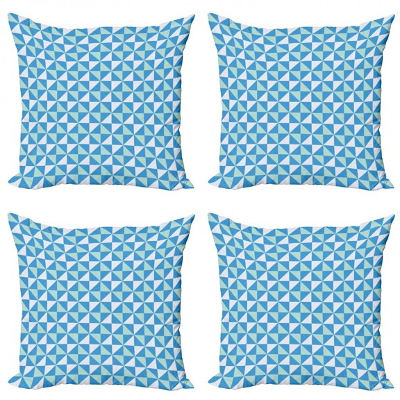 Geometric Throw Pillow Cushion Case Pack of 4, Grid Tile Triangles with Squares Contemporary Style Arrangement in Blue, Modern Accent Double-Sided Print, 4 Sizes, Blue Pale Blue White, by Ambesonne