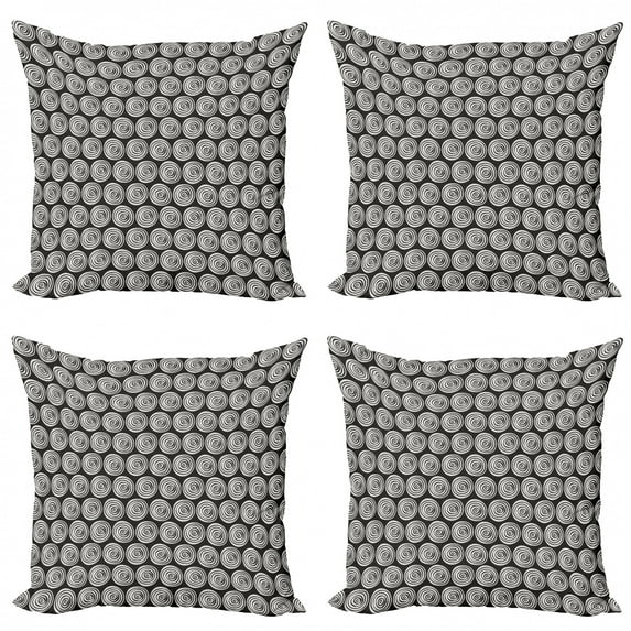 Geometric Throw Pillow Cushion Case Pack of 4, Hypnotic Effect Crooked Spiral Vortex Circles on Dark Background, Modern Accent Double-Sided Print, 4 Sizes, Charcoal Grey and White, by Ambesonne