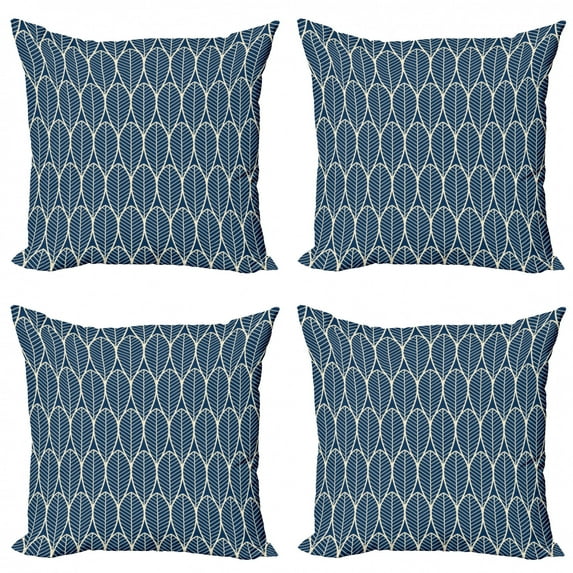 Geometric Throw Pillow Cushion Case Pack of 4, Leafage Pattern Inspired Abstract Style Forest Minimalist Herbs Overlapping, Modern Accent Double-Sided Print, 4 Sizes, Dark Blue Cream, by Ambesonne