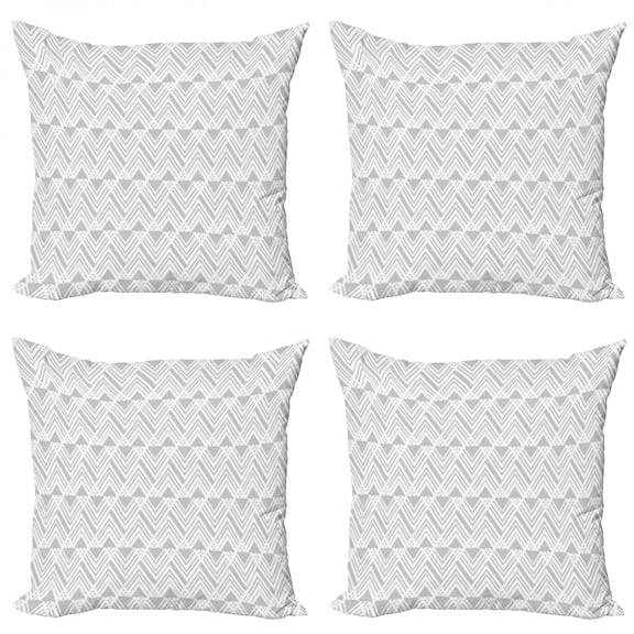 Geometric Throw Pillow Cushion Case Pack of 4, Neutral Triangles and Lines on Geometric Modern Design and Mosaic Style, Modern Accent Double-Sided Print, 4 Sizes, White and Pale Grey, by Ambesonne