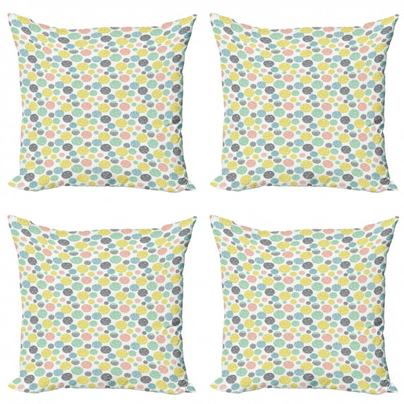 Geometric Throw Pillow Cushion Case Pack of 4, Pastel Floral Branch Silhouettes in Retro Rounds Repetition, Modern Accent Double-Sided Print, 4 Sizes, Multicolor, by Ambesonne
