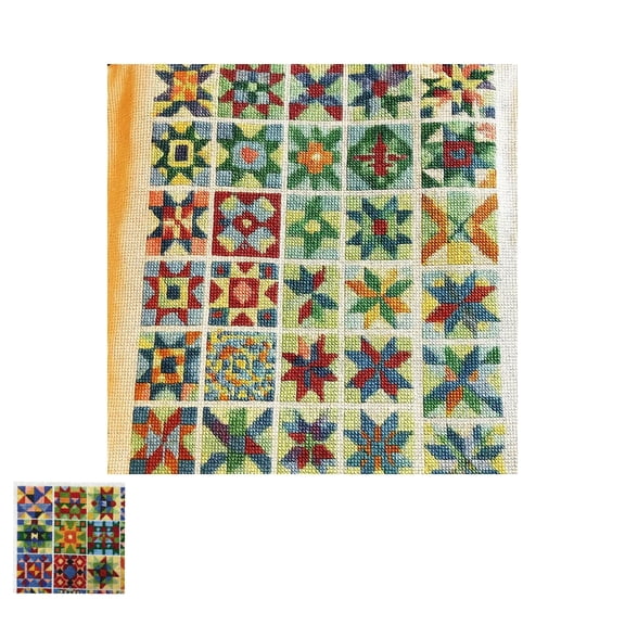 Geometric Tile Quilt Cross Stitch Kit DIY Embroidery Beginner Friendly Craft Kit with Pre-Sorted Floss Needles Classic Patchwork Design Slow Stitch Project