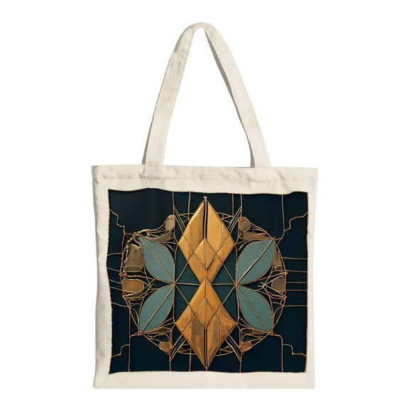 Geometric Tote Bag - Dark Blue Canvas with Golden & Teal Symmetrical Design Perfect for Shopping Travel & Parties