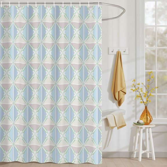 Geometric Traditional Flower Diamond Lattice Shower Curtain Set, Waterproof Shower Curtains With Grommet Hooks, Ethnic Grid Privacy Bathroom Curtain for Bathtub 36x72IN