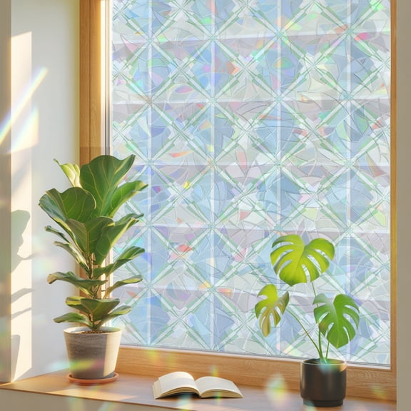 Geometric Traditional Flower Diamond Lattice Window Privacy Film, Rainbow Film Decorative Window Sticker 17.7x39.3in, Ethnic Grid Sun Blocking Static Stained Glass Cling Tint Non-Adhesive