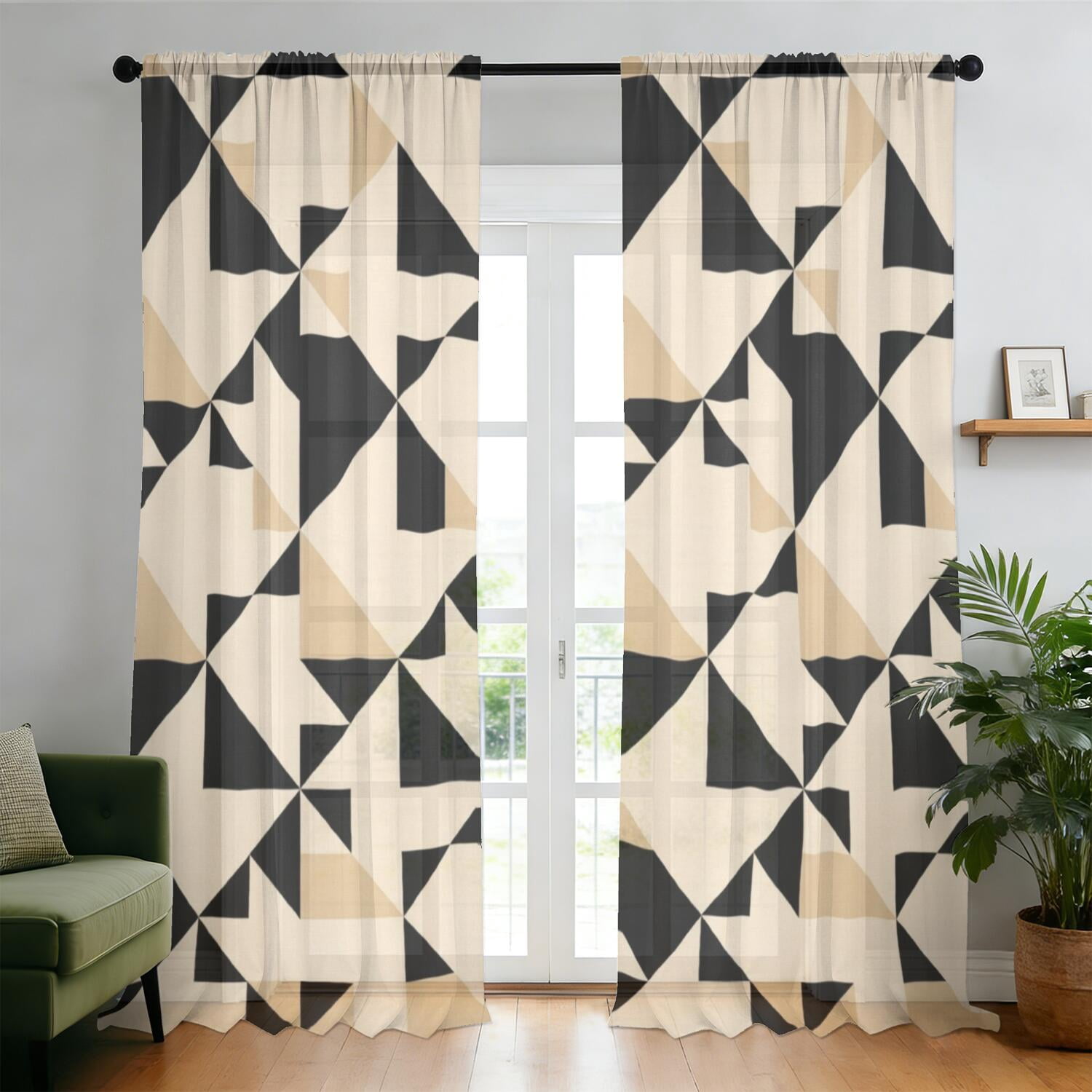 Triangle With Flashlight Sign Geometric Triangle Beige Pattern Sheer Curtains, Voile Drapes with Dual ...