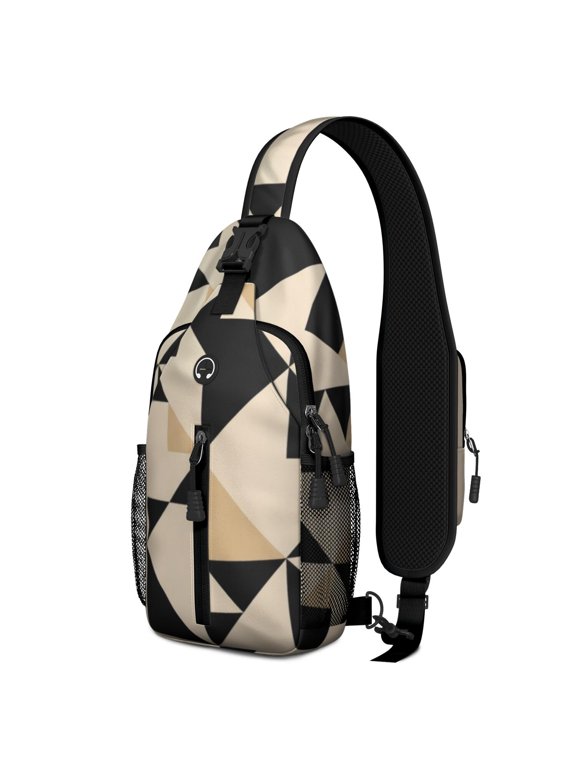 Geometric Triangle Beige Pattern Sling Backpack, Travel Shoulder Pack with Earphone Port, Adjustable Strap Gift Ideas for Travel Shopping
