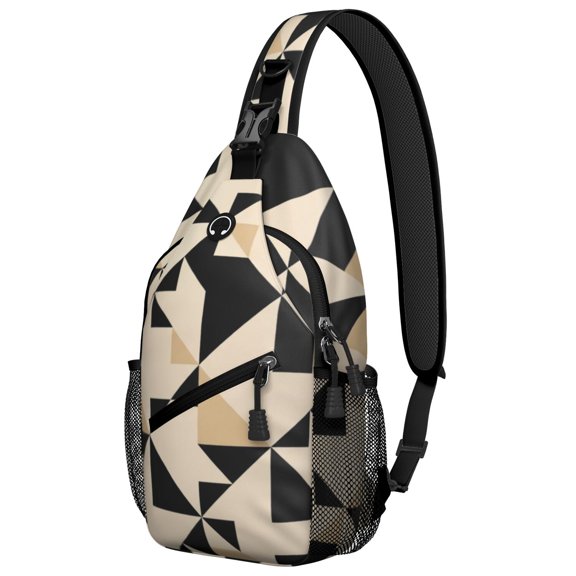 Geometric Triangle Beige Pattern Sling Backpack, Unisex Daily Travel Sling Pack with Side Mesh Pockets, Adjustable Ambidextrous Strap Gift Ideas for Travel Shopping Commuting