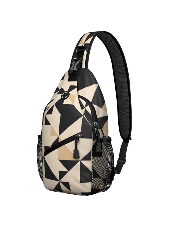 Geometric Triangle Beige Pattern Sling Backpack, Unisex Daily Travel Sling Pack with Side Mesh Pockets, Adjustable Ambidextrous Strap Gift Ideas for Travel Shopping Commuting