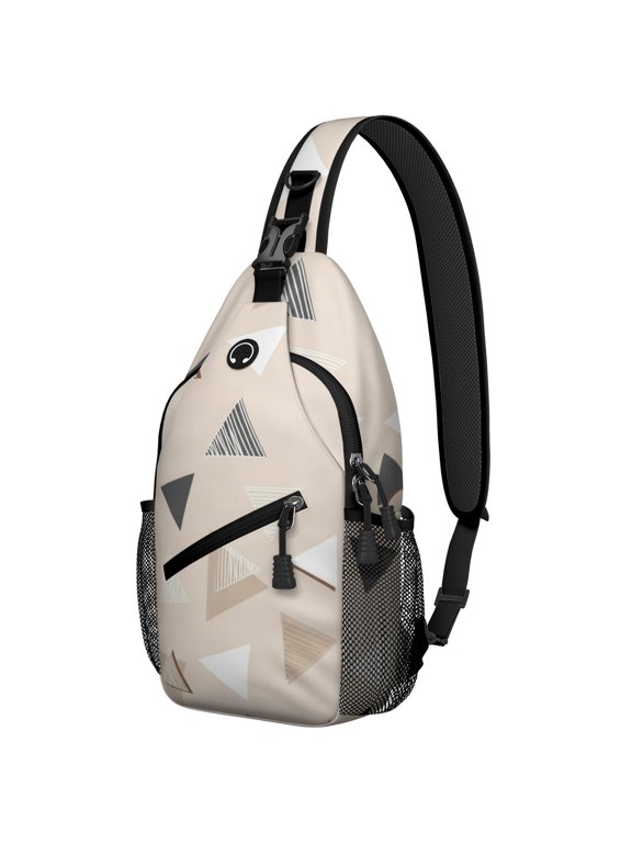 Geometric Triangle Beige Pattern Sling Backpack, Unisex Daily Travel Sling Pack with Side Mesh Pockets, Breathable Padded Back Gift Ideas for Holiday Birthday Gifts
