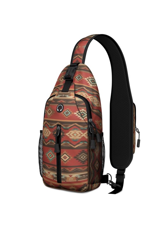Geometric Triangle Brown Pattern Sling Backpack, Cycling Sling Bag with Earphone Port, Multi Pocket Design Gift Ideas for Holiday Birthday Gifts