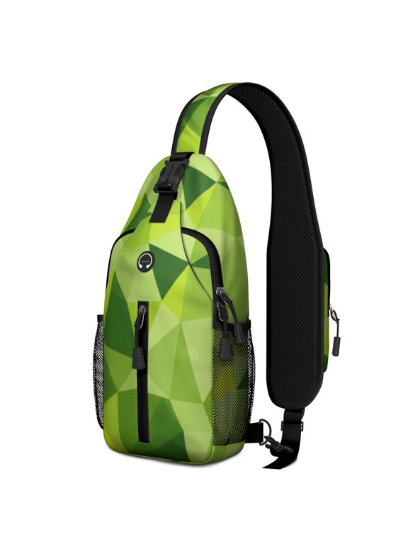 Geometric Triangle Green Pattern Sling Backpack, Cycling Sling Bag with Earphone Port, Multi Pocket Design Gift Ideas for Holiday Birthday Gifts