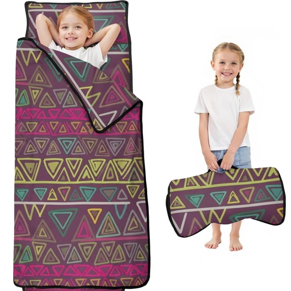 Geometric Triangle Purple Pattern Teens Toddler Nap Mat with Pillow, Sleeping Mat Bag for Preschool Daycare 59"x22"