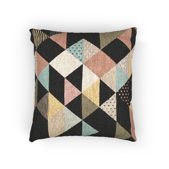 Geometric Triangle and Diamond Woven Pillow, Charcoal Coral Mustard Aqua, Dots and Stripes