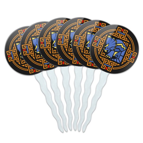 Geometric Triceratops Dinosaur Aztec Mayan Style Cupcake Picks Toppers Decoration Set of 6