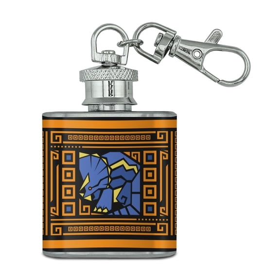 Geometric Triceratops Dinosaur Aztec Mayan Style Stainless Steel 1oz Mini Flask Key Chain