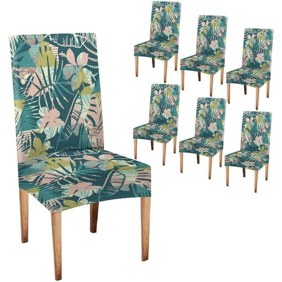Geometric Tropical Summer Chair Cover Beach Hawaiian Forest Chair Covers Set of 6 Stretch Removable Washable Slipcovers for Dining Room Hotel Kitchen