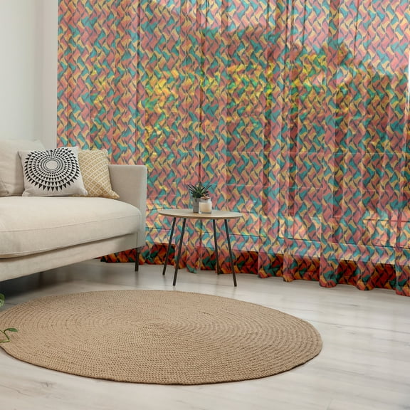 Geometric Tulle Curtains with Rod Pocket, Abstract Funky Waves Contemporary Style Pastel Tribal Effects, Sheer Drape for Wedding Party 2 Panels, 7 Sizes, Jade Green Orange, by Ambesonne