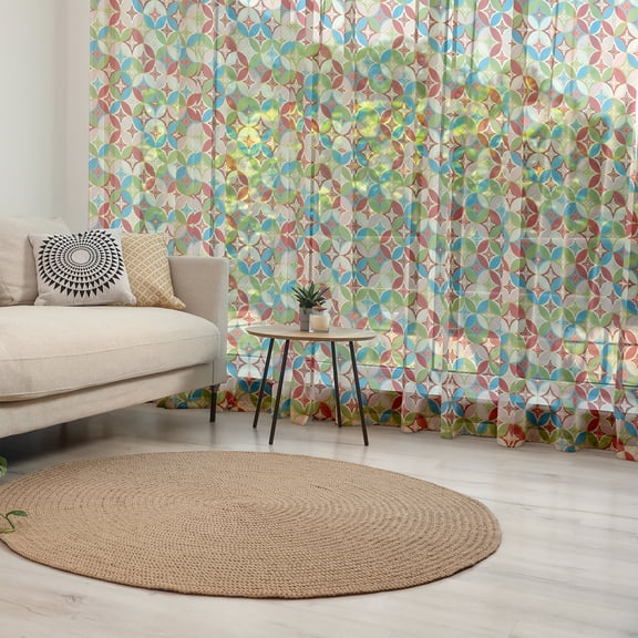 Geometric Tulle Curtains with Rod Pocket, Japanese Interlocking Pattern with Circles and Flower Blooms Far, Sheer Drape for Wedding Party 2 Panels, 7 Sizes, Multicolor, by Ambesonne