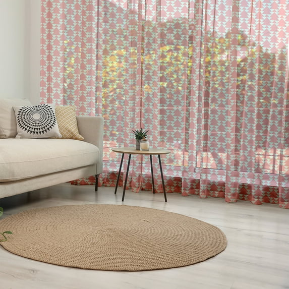 Geometric Tulle Curtains with Rod Pocket, Modern Pattern in Pastel Colors Vertical Striped Backdrop and Triangles, Sheer Drape for Wedding Party 2 Panels, 7 Sizes, Coral Pale Green, by Ambesonne