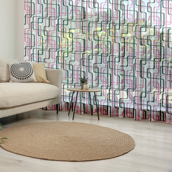 Geometric Tulle Curtains with Rod Pocket, Sixties Inspired Wavy Lines Vibrant Image Curved Stripes Funky Pattern, Sheer Drape for Wedding Party 2 Panels, 7 Sizes, Hot Pink White Black, by Ambesonne