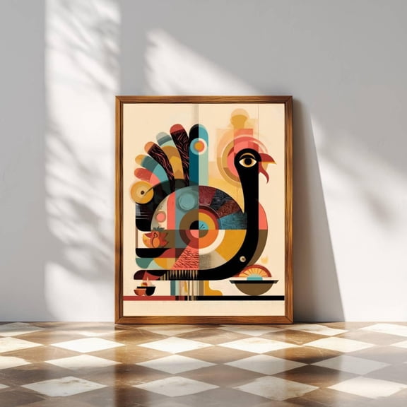 Geometric Turkey Mid Century Thanksgiving Wall Art Print, Retro Fall Decor