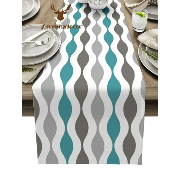 Geometric Turquoise Grey Medieval Print Table Runner Home Wedding Table Mat Centerpieces Decoration Party Dining Long Tablecloth