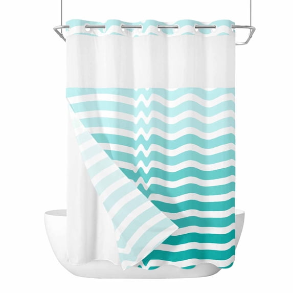 Geometric Turquoise Ombre No Hook Shower Curtain Waterproof,Bathroom Curtains with Snap in Liners and See Through Top Window,Modern Gradient White Ocean Striped Bathtub Curtains Shower 72"Wx96"L