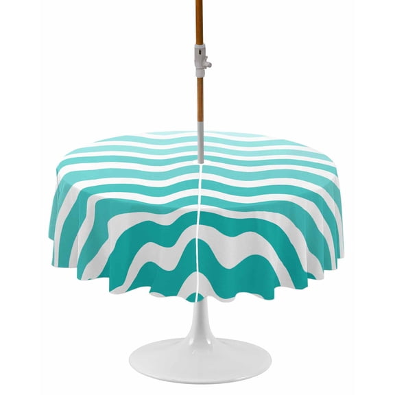 Geometric Turquoise Ombre Round Outdoor Tablecloth, Waterproof Table Cloth Cover with Umbrella Hole and Zipper, Modern Gradient White Ocean Striped Table Protector for Patio Party Picnic 54" Round