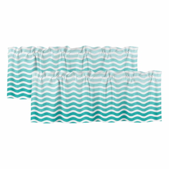 Geometric Turquoise Ombre Valances for Windows, Decorative Rod Pocket Window Valance Curtains, Modern Gradient White Ocean Striped Short Curtain Drapes for Living Room, 2 Panels, 42" W x 12" L
