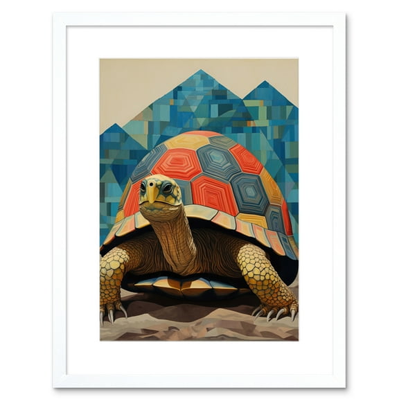Geometric Turtle Colourful Hexagon Scutes Shell Pattern Tortoise Bathroom Nautical Theme Artwork Framed Wall Art Print 9X7 Inch