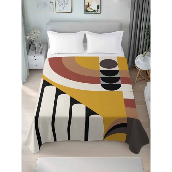 Geometric, Twim Size Flat Sheet, Wrinkleproof & Fadeproof Cooling Flat Bed Sheet Only, Abstract Black Middle Century Boho Yellow Red Stripes Breathable Soft Bedding Top Sheets 66 x 96 Inches