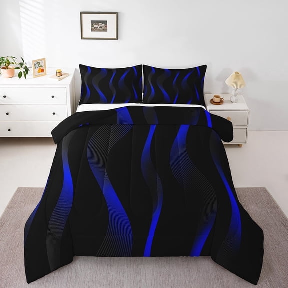 Geometric Twin Size Comforter Set Modern Blue Stripe Bedding Comforter Sets Men, Abstract Geometric Bedding Set Abstract Art Down Comforter Luxury Room Decor Aesthetic