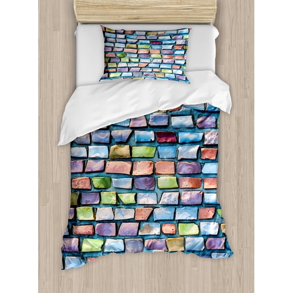 Geometric Twin Size Duvet Cover Set, Colorful Mosaic Tiles Pattern Brick Wall Design with Grunge Effect Worn Out Look, Decorative 2 Piece Bedding Set with 1 Pillow Sham, Multicolor, by Ambesonne