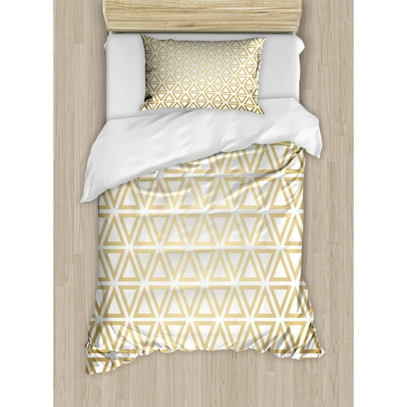 Geometric Twin Size Duvet Cover Set, Modern and Futuristic Style of Repeating Triangular Ornaments, Decorative 2 Piece Bedding Set with 1 Pillow Sham, White Camel and Pale Camel, by Ambesonne