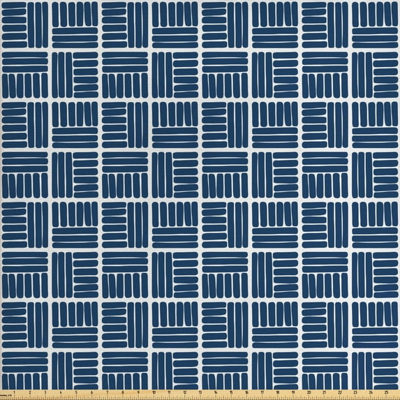 Ambesonne Navy Blue Fabric by the Yard Upholstery, Stripes in Squares, 5 Yards, Night Blue and White