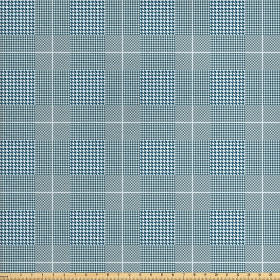 Ambesonne Geometric Fabric by the Yard Upholstery, Houndstooth Square Plaid, 2 Yards, Petrol Blue and White