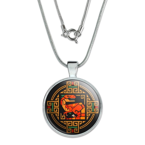 Geometric Velociraptor Raptor Dinosaur Aztec Mayan Style 1" Pendant with Sterling Silver Plated Chain