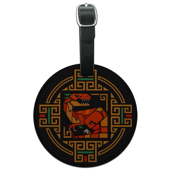 Geometric Velociraptor Raptor Dinosaur Aztec Mayan Style Round Leather Luggage Card Suitcase Carry-On ID Tag