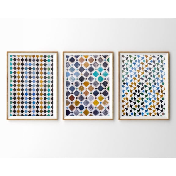 Geometric Wall Art Spanish Tiles Abstract Terracotta Mustard Teal Art, Stretched Canvas