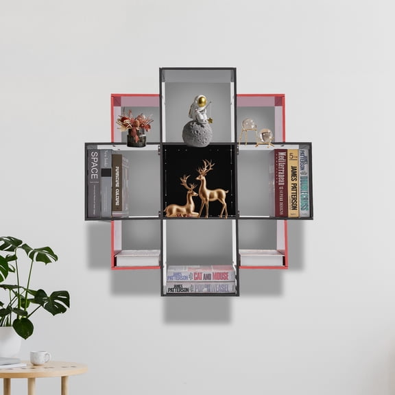 Geometric Wall Mounted Shelves Book Shelf Bookcase with 9 Compartments for Living Room Black+Red